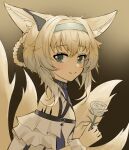  1girl 601102 animal_ear_fluff animal_ears aqua_hairband arknights blush flower fox_ears fox_girl fox_tail hair_rings hairband highres holding holding_flower kitsune kyuubi lily_of_the_valley looking_at_viewer multiple_tails rose solo suzuran_(arknights) tail white_wrist_cuffs 