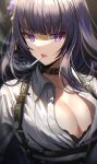  alternate_costume belt breasts cigarette cleavage collared_shirt genshin_impact harness large_breasts long_hair looking_at_viewer mole mole_under_eye mouth_hold parted_lips purple_eyes purple_hair raiden_shogun shirt silence_girl smoke smoking upper_body white_shirt 