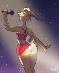  absurd_res antelope anthro blonde_hair bottomwear bovid butt butt_focus clothing disney eyes_closed female furgonomics gazelle gazelle_(zootopia) hair halter_top hi_res holding_microphone holding_object klovs mammal microphone multicolored_body panties panty_shot rear_view scut_tail short_tail singing skirt solo two_tone_body underwear zootopia 