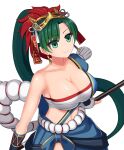  1girl bandages bandeau bangs blue_skirt breasts chest_sarashi cleavage collarbone earrings fire_emblem fire_emblem:_the_blazing_blade fire_emblem_heroes green_eyes green_hair jewelry large_breasts long_hair lyn_(fire_emblem) mask mask_on_head midriff navel official_alternate_costume ponytail sarashi shira_yu_ki short_sleeves simple_background single_bare_shoulder single_sleeve skirt smile solo stomach strapless tube_top upper_body very_long_hair white_background 