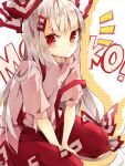  ! 1girl :&lt; bangs between_legs bow character_name closed_mouth collared_shirt commentary foot_out_of_frame fujiwara_no_mokou grey_hair grey_shirt hair_bow hair_ornament hand_between_legs highres long_hair looking_at_viewer nikorashi-ka notice_lines ofuda ofuda_on_clothes one-hour_drawing_challenge pants red_bow red_eyes red_pants seiza shirt short_sleeves sitting solo suspenders suspenders_slip touhou two-tone_bow white_bow 