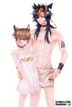  2boys animal_ears blonde_hair cat_boy cat_ears collar commission commissioner_upload fox_boy fox_ears highres indie_virtual_youtuber link_vagar looking_at_another multicolored_hair multiple_boys naked_shirt orange_hair purple_eyes shirt short_hair skeb_commission topless_male tuyu_hh virtual_youtuber yaoi yukida_astro 
