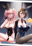  2girls animal_ears azur_lane baltimore_(azur_lane) between_breasts bird black_background black_gloves black_leotard black_pantyhose blue_leotard blush border braid breasts bremerton_(azur_lane) brown_hair chicken cleavage detached_collar fake_animal_ears french_braid gloves half_gloves highres holding holding_tray large_breasts leotard light long_hair long_sleeves looking_at_viewer manjuu_(azur_lane) multiple_girls necktie open_mouth pantyhose pink_eyes pink_hair playboy_bunny rabbit_ears short_hair sitting smile tray twintails white_border yellow_eyes yumeneko_nyaa 