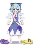  1girl absurdres ahoge bangs blue_bow blue_dress blue_eyes blue_hair blush_stickers bow bowtie cirno collared_shirt commentary_request dress fang frills full_body grey_shirt hair_between_eyes highres ice ice_wings kame_(kamepan44231) looking_at_viewer open_mouth paint_on_clothes puffy_short_sleeves puffy_sleeves red_bow red_bowtie sash shadow shirt short_hair short_sleeves simple_background solo standing stuffed_toy tongue touhou toy v-shaped_eyebrows white_background wings 