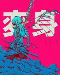  absurdres akramness bandaged_arm bandages bone contemporary crop_top cropped_jacket fog highres kanji katana midriff neon_lights original pink_sky samurai shorts skeletal_wings sword synthwave tagme tattoo tattoo_on_arm translation_request weapon wings 