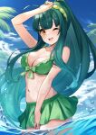  1girl absurdres bare_arms bare_legs bare_shoulders bikini blush breasts cleavage collarbone cowboy_shot day green_bikini green_hair highres large_breasts long_hair navel ocean one_eye_closed open_mouth ponytail smile solo swimsuit tenneko_yuuri touhoku_zunko voiceroid water yellow_eyes 