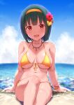 1girl :d arm_support bangs beach bikini blue_sky bracelet breasts cai_geng cloud collarbone commentary_request day flower green_hair hair_flower hair_ornament hairband hibiscus highres horizon idolmaster jewelry legs_together looking_at_viewer medium_breasts navel necklace ocean open_mouth outdoors red_eyes sitting sky smile solo swimsuit yellow_bikini 