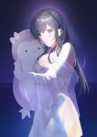  1girl bangs bare_shoulders black_hair blue_eyes blush bow breasts commentary_request highres holding holding_stuffed_toy indoors large_breasts long_hair looking_at_viewer nightgown open_mouth original purple_ribbon ribbon see-through see-through_sleeves sinomi solo stuffed_toy tareme white_bow wide_sleeves 