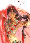  1girl black_hair bracelet braid breasts closed_eyes dark_skin earrings gem highres indian_clothes jewelry large_breasts long_hair necklace original sakuramochi1003 sari semi-transparent single_braid solo veil veil_lift 