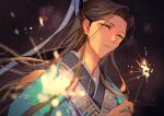  1boy bindi bishounen brown_hair chinese_clothes dress green_dress green_eyes hanfu highres holding_fireworks long_sleeves looking_at_viewer ren_zhafan_paijizu_xitong sakuramochi1003 shen_qingqiu solo 