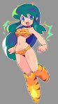  1girl :d animal_print bacun bangs bikini blue_eyes boots breasts english_commentary fang full_body green_hair highres horns knee_boots long_hair looking_at_viewer lum medium_breasts navel oni oni_horns open_mouth pointy_ears smile solo standing strapless swimsuit tiger_print urusei_yatsura 