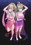  2girls absurdres arm_across_waist barefoot breasts dress dual_persona fire_emblem fire_emblem_awakening fire_emblem_heroes green_hair highres large_breasts looking_at_viewer multiple_girls official_alternate_costume pink_dress pointy_ears purple_dress saikunartworks see-through shawl standing tiara tiki_(fire_emblem) tokyo_mirage_sessions_fe variations 