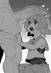 1boy 1girl bare_arms clothes_pull commentary eigaka greyscale hair_between_eyes hair_ornament hetero highres huge_penis lana_(pokemon) monochrome open_mouth pants pants_pull penis penis_awe penis_on_head pokemon pokemon_(game) pokemon_sm pulled_by_another sailor_collar shirt short_hair solo_focus uncensored veins veiny_penis 