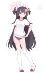  1girl alternate_costume black_hair blue_archive blush breasts buruma commentary_request full_body hair_ornament highres hoshino_ouka long_hair maid_headdress purple_eyes shizuko_(blue_archive) simple_background small_breasts solo standing thighhighs white_background 