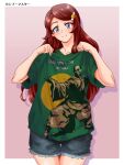  1girl bangs blue_eyes blush brown_hair clothes_pull collarbone denim denim_shorts green_shirt hair_ornament hairclip head_tilt highres jazz_kawa_sodom jet_li jikkyou_powerful_pro_yakyuu long_hair once_upon_a_time_in_china power_pro_appli shirt shirt_pull shorts smile solo swept_bangs t-shirt tatehashi_minato torn_clothes torn_shorts 