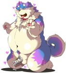  &lt;3 2022 anthro balls belly big_belly blush bodily_fluids canid canine canis chastity_cage chastity_device chibineco collar cum domestic_dog genital_fluids genitals hi_res kemono leash male mammal navel overweight overweight_male paws penis solo 