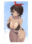  1girl absurdres bangs bikini black_bikini blue_background breasts brown_eyes brown_hair cleavage dark-skinned_female dark_skin highres johwa_(1n33dyour1ov3) josie_rizal large_breasts leaning_forward navel open_mouth short_hair solo string_bikini swimsuit teeth tekken 