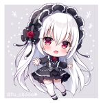  1girl :d bangs black_bow black_dress black_footwear black_hairband blush bow chibi commentary_request dress fang flower frilled_hairband frills full_body grey_background hair_between_eyes hairband long_hair long_sleeves looking_at_viewer mitsuba_choco original puffy_long_sleeves puffy_sleeves red_eyes red_flower red_rose rose shoes smile solo thighhighs twitter_username two-tone_background very_long_hair white_background white_hair white_thighhighs 