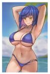  1girl absurdres alternate_eye_color armpits arms_behind_head arms_up bangs bare_shoulders bikini blue_bikini blue_hair blue_sky blunt_bangs bob_cut breasts chance8000 choker cloud collarbone commentary_request cowboy_shot day genshin_impact groin highres large_breasts navel o-ring o-ring_bikini ocean partial_commentary short_hair sky smile solo standing stomach swimsuit thighs water yelan_(genshin_impact) yellow_eyes 