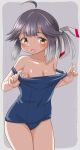  1girl ahoge blue_one-piece_swimsuit breasts clothes_pull covered_navel cowboy_shot dated grey_background grey_hair hair_ribbon hayanami_(kancolle) kantai_collection medium_breasts old_school_swimsuit one-hour_drawing_challenge ponytail ray.s ribbon school_swimsuit short_hair sidelocks solo swimsuit swimsuit_pull tan twitter_username two-tone_background white_ribbon yellow_eyes 