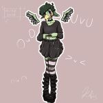  anthro avian beak big_ears bird blue_eyes bottomwear choker clothed clothing crossdressing edgy enelorin feathers footwear girly green_body hair hi_res jewelry male multicolored_wings necklace paws rafins shy skirt socks solo wings 