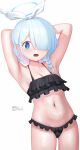  alternate_costume arm_up armpits arona_(blue_archive) belly blue_archive blue_eyes blue_hair frilled_swimsuit frills hairband halo highres looking_at_viewer navel official_alternate_costume sweat swimsuit vialle white_background white_hairband 