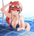  1girl ahoge arm_up azur_lane bangs bent_over bikini black_bikini breasts cleavage collarbone goggles goggles_on_head hair_between_eyes hand_in_own_hair highres large_breasts long_hair looking_at_viewer mouth_hold orange_eyes pool poolside qing_wu red_hair side_ponytail solo swimsuit tile_floor tiles water wet whistle whistle_around_neck zara_(azur_lane) zara_(poolside_coincidence)_(azur_lane) 