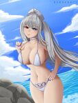  1girl absurdres adjusting_clothes adjusting_swimsuit areola_slip artist_name bangs bikini blue_eyes blue_nails blunt_bangs blush breasts choker cleavage clock clock_eyes collarbone cowboy_shot date_a_live date_a_live:_date_a_bullet day grey_hair hand_on_hip hat heart heart_choker heterochromia highres large_breasts long_hair looking_at_viewer military_hat navel ocean outdoors parted_lips pubic_tattoo red_eyes rock sideboob sidelocks solo string_bikini swimsuit symbol-shaped_pupils tattoo thick_thighs thighs twintails very_long_hair water wavy_hair white_bikini white_choker white_headwear white_queen_(date_a_live) zedxbr 