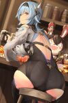  1girl 801081882x absurdres ass back_cutout bare_shoulders baron_bunny_(genshin_impact) beer_mug black_hairband blue_hair blue_nails bodysuit bottle breasts closed_mouth clothing_cutout commentary_request container cross-laced_clothes cup drink eula_(genshin_impact) food genshin_impact hair_intakes hair_ornament hairband highres holding holding_drink indoors large_breasts long_sleeves looking_at_viewer looking_back mug short_hair sitting smile solo thighs 