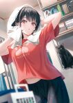  1girl :o animal arms_up bangs bathroom black_cat black_hair black_pants blurry blurry_foreground bottle breasts can cat drying drying_hair highres hyuuga_azuri indoors large_breasts looking_at_viewer medium_hair navel open_mouth original pants red_eyes red_shirt shirt short_sleeves wet wet_hair 