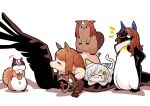  6+girls :3 absurdres acorn animal_ears animalization beaver bird brown_hair cat condor el_condor_pasa_(umamusume) grass_wonder_(umamusume) grey_hair highres horse_ears king_halo_(umamusume) laughing mask multiple_girls penguin petoka pig seiun_sky_(umamusume) sitting_on_animal special_week_(umamusume) squirrel tail tongue tongue_out tsurumaru_tsuyoshi_(umamusume) umamusume white_background x_navel 