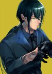  1boy alternate_costume arm_tattoo bangs black_gloves black_jacket black_shirt closed_mouth collared_shirt commentary_request dark_green_hair dragon_tattoo fate/grand_order fate_(series) formal glove_pull gloves green_eyes hair_between_eyes jacket long_hair long_sleeves looking_away male_focus ponytail removing_glove shirt sidelocks simple_background smile solo soso_(sosoming) tattoo upper_body yan_qing_(fate) yellow_background yin_yang yin_yang_tattoo 