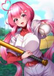  1girl absurdres ahoge amane_karen ball bangs baseball baseball_bat baseball_uniform belt blush breasts cloud commission heart heart_hair highres holding holding_ball holding_baseball_bat jikkyou_powerful_pro_yakyuu large_breasts looking_at_viewer low_twintails pants pink_eyes pink_hair power_pro_appli red_belt skeb_commission sky smile solo sportswear twintails uzura_(moimoi) white_pants 