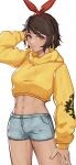  1girl arc2urus brown_eyes brown_hair closed_mouth dark-skinned_female dark_skin denim denim_shorts earrings headband hood hoodie jewelry josie_rizal long_sleeves looking_at_viewer navel short_hair shorts simple_background solo tekken tekken_7 white_background yellow_hoodie 