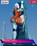  anthro back_boob big_breasts blue_sky blush blush_lines bodily_fluids boosters breasts clenched_teeth female genital_fluids havoc63 hi_res launchpad leaking leaning_against_wall living_machine living_vehicle logo machine masturbation moon nasa news news_report orange_body pussy_juice rocket sky solo space_launch_system spacecraft steam teeth tower us_flag vaginal vaginal_masturbation vehicle white_body 
