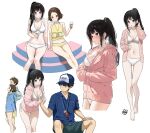  1girl 2boys :o alternate_costume artist_logo bangs bare_arms bare_shoulders bikini black_hair black_shorts blue_eyes blue_headwear blue_jacket blue_shirt blush breasts brown_hair chitanda_eru collared_shirt cropped_legs food from_side fukube_satoshi grey_background highres holding_hands hood hood_down hooded_jacket hyouka ibara_mayaka ice_cream ice_cream_cone jacket large_breasts long_hair mery_(yangmalgage) multiple_boys multiple_views navel open_mouth oreki_houtarou pink_jacket ponytail purple_eyes shirt shorts simple_background sitting smile stomach swimsuit white_bikini yellow_bikini 