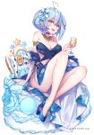  1girl :d ahoge bangs bar bare_legs blue_dress blue_footwear blue_hair blue_sailor_collar blush breasts cleavage cup dress drinking_glass elf flower hair_between_eyes hair_flower hair_ornament heart heart_ahoge high_heels holding holding_cup hololive hong_(white_spider) large_breasts looking_at_viewer multicolored_hair official_art pointy_ears sailor_collar shoes short_hair simple_background smile solo strapless strapless_dress streaked_hair virtual_youtuber white_background white_flower yellow_eyes yukihana_lamy 