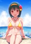  1girl :d arm_support bangs beach bikini blue_sky braclet breasts cai_geng cloud collarbone commentary_request day flower green_hair hair_flower hair_ornament hairband hibiscus highres horizon idolmaster jewelry legs_together looking_at_viewer medium_breasts navel necklace ocean open_mouth outdoors red_eyes sitting sky smile solo swimsuit yellow_bikini 
