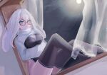  1girl absurdres animal_ears blue_eyes breasts cleavage commission commissioner_upload curtains glasses heterochromia highres indie_virtual_youtuber large_breasts moon moonlight rabbit_ears rabbit_girl re_i_to_u skeb_commission solo usagi_mizuno virtual_youtuber white_hair window yellow_eyes 