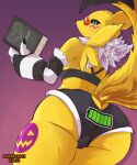  anthro bandai_namco book bottomwear butt canid canine clothed clothing crypt_(renamon) digimon digimon_(species) eyewear fan_character female fox from_behind_(disambiguation) glasses halloween hi_res holding_object holidays hotpants mammal markings narrikatti renamon shorts skimpy solo 
