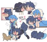  3boys all_fours animal_ears bed biting biting_another&#039;s_hand black_hair blood blue_hair blush character_name chibi closed_eyes dog dog_boy dog_ears dog_tail dramatical_murder drying drying_hair fang flying_sweatdrops full_body hair_between_eyes hair_dryer hat headpat headphones headphones_around_neck highres holding holding_hair_dryer jacket long_hair long_sleeves male_focus meremero multiple_boys multiple_views open_mouth personification pillow ren_(dramatical_murder) roaring sei_(dramatical_murder) seragaki_aoba shirt short_hair simple_background sitting sleeping smile tail towel towel_on_head white_background yellow_eyes zzz 