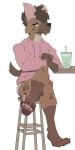2024 anthro beverage bottomwear brown_body brown_fur clothed clothing digital_media_(artwork) fully_clothed fur hi_res hyena leg_markings looking_at_viewer male mammal mangoyena markings shorts simple_background socks_(marking) solo spots spotted_body spotted_fur white_background