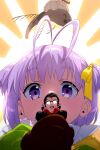  1boy 1girl antenna_hair beryl_gut black_hair breasts brown_gloves cernunnos_(fate) dress echo_(circa) fate/grand_order fate_(series) giant giantess glasses gloves green_dress hair_ribbon long_sleeves murian_(fate) pointy_ears purple_eyes purple_hair ribbon short_hair small_breasts two_side_up yellow_ribbon 