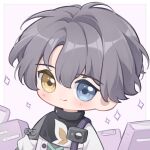  1boy absurdres ai_chi_guobaoyou blue_eyes book chibi clipboard closed_mouth coat grey_hair heterochromia highres looking_at_viewer male_focus reverse:1999 short_hair smile solo sparkle upper_body white_background white_coat x_(reverse:1999) yellow_eyes 