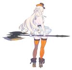  1girl axe back bare_shoulders blonde_hair blue_eyes boots braid breasts brown_footwear closed_mouth commentary_request dress enkyo_yuuichirou from_behind full_body gloves hat high_heel_boots high_heels highres holding holding_axe holding_weapon long_hair looking_at_viewer looking_back orange_headwear orange_thighhighs original pale_color pointy_ears simple_background single_braid skirt sleeveless sleeveless_dress small_breasts solo standing thighhighs weapon white_background white_dress white_gloves 