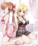  2girls barefoot bed blonde_hair blue_eyes blush breasts brown_hair cleavage curtains fate_testarossa feet hair_ribbon highres indoors kneeling kuroi_mimei large_breasts long_hair lyrical_nanoha mahou_shoujo_lyrical_nanoha_strikers multiple_girls nightgown one_eye_closed orange_eyes ribbon side_ponytail smile soles sunlight takamachi_nanoha toes tongue tongue_out very_long_hair window 