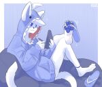 absurd_res ambiguous_gender anthro blue_clothing blue_eyes blue_hoodie blue_pawpads blue_topwear clothing felid fur hair hi_res holding_tablet holding_tablet_pen hoodie mammal mouth_closed pawpads reclining rz54 side_view simple_background simple_eyes solo topwear white_body white_fur white_hair