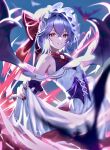  1girl bare_shoulders bat_wings brooch dress hat highres jewelry lifted_by_self looking_at_viewer misohiyu3935 mob_cap purple_hair red_eyes remilia_scarlet solo touhou touhou_gensou_eclipse white_dress wings 