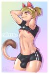  2022 anisette_(noitro) anthro bottomwear bulge clothed clothing crop_top domestic_cat felid feline felis girly hi_res male mammal nipples noitro pink_nipples raised_arms shirt shorts smile solo topwear yellow_eyes 