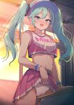  :o absurdres aqua_eyes aqua_hair blush cheerleader clothes_lift crop_top crotch_rub darumoon desk female_masturbation hatsune_miku highres indoors lifted_by_self long_hair masturbation midriff open_mouth orange_sky panties pink_shirt pink_skirt project_diva_(series) pussy_juice pussy_juice_drip_through_clothes school_desk shirt skirt skirt_lift sky sleeveless sleeveless_shirt table_humping twintails two-tone_shirt underwear visor_cap vocaloid white_panties white_shirt 